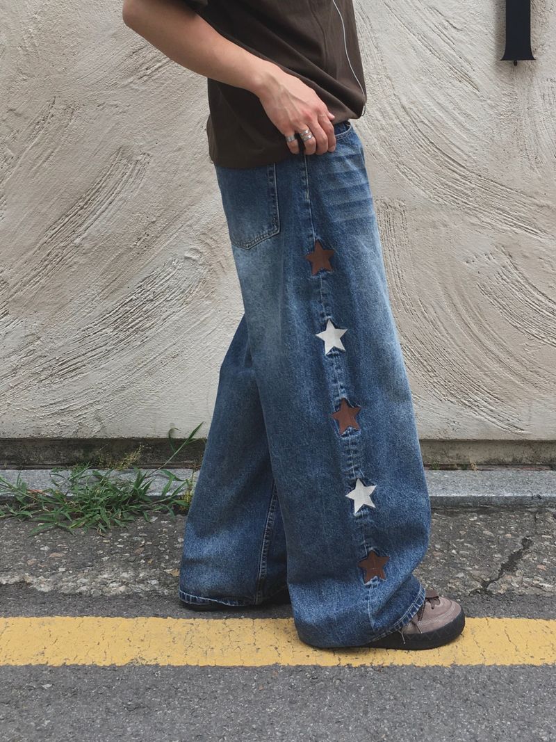 Star embroidered denim pants (middle blue)