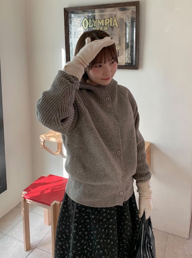 Higanne High Neck Angora Hood Knit Cardigan