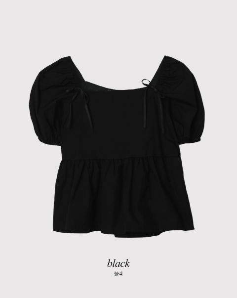 Square Puff Ribbon Short Sleeve Blouse (2color)