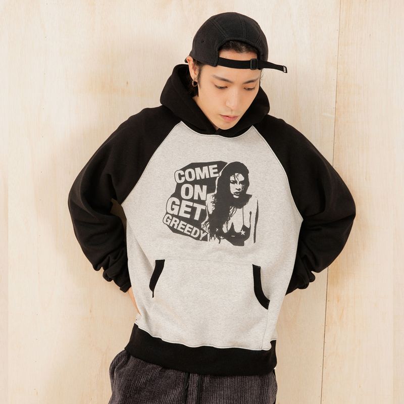 GREEDY RAGLAN HOODIE (BLACK GREY)