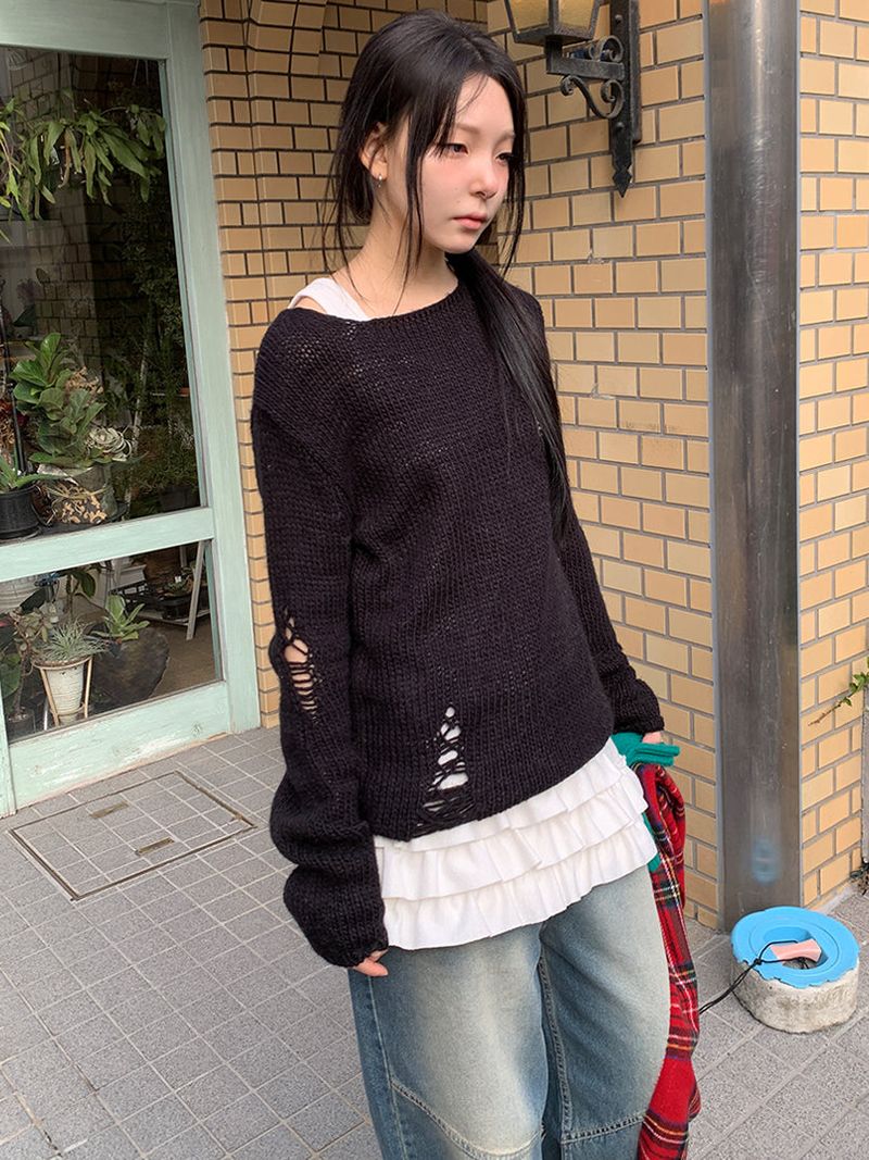 DAMAGE BOAT NECK LOOSE KNIT (3C)
