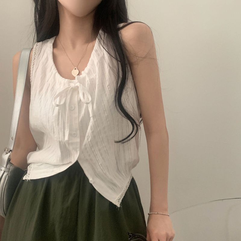 [Lowest price 🕊/Pure Mood] チェリパンチングレースストリングスリーブレスブラウス - 2 colors