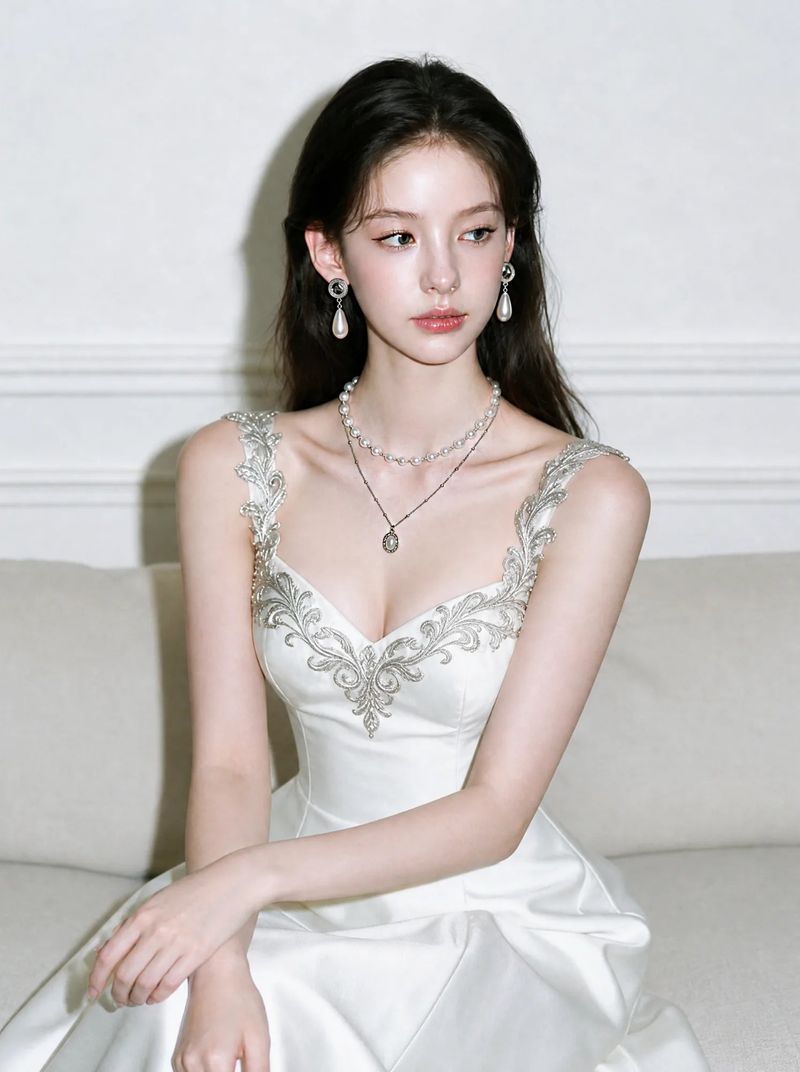 Ethnic Button and Long Pearl Earrings - Silver Color