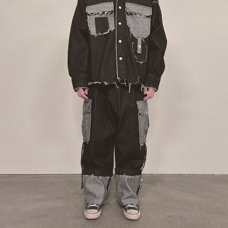 grunge roll-up denim pants_black