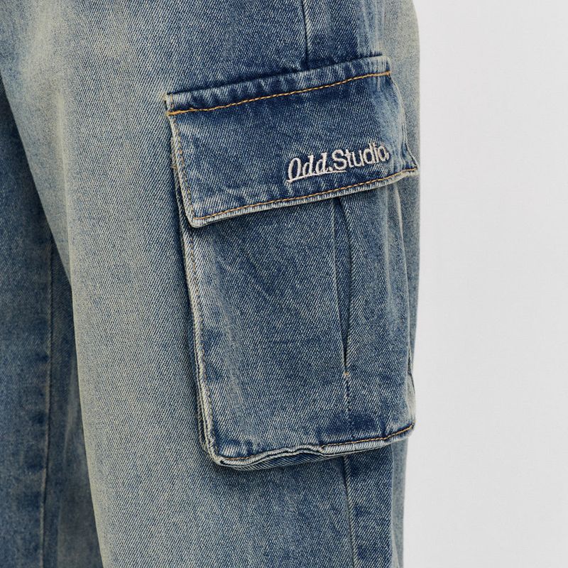 Sand Washed Cargo Wide Denim Pants - blue