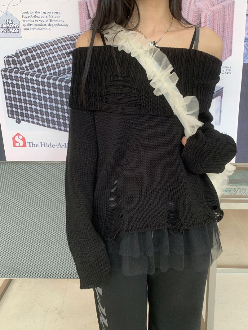 Damage Off-Shoulder Long Sleeve Knit (4 Colors)