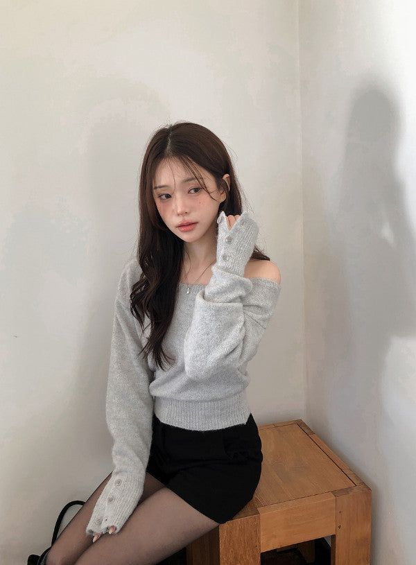 Wool Sleeve Button One Shoulder Knit (4color)