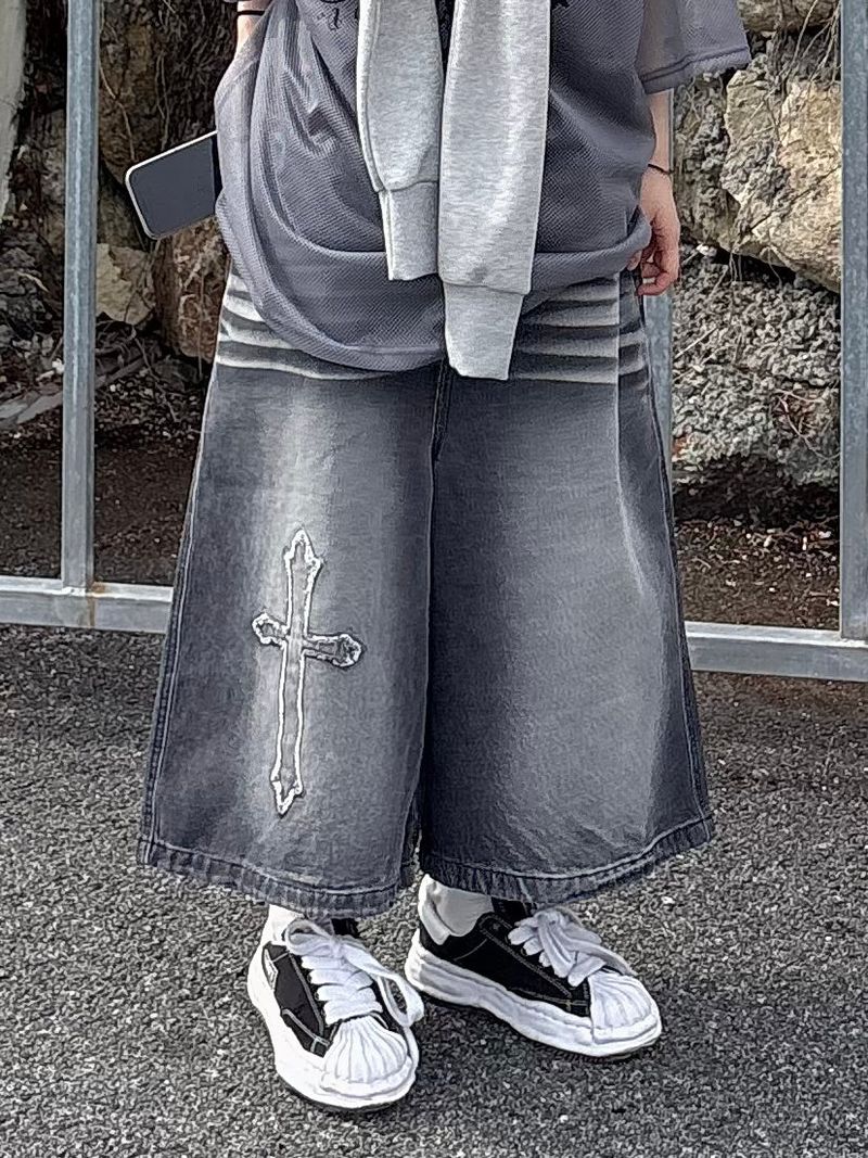 cross washing denim half pants