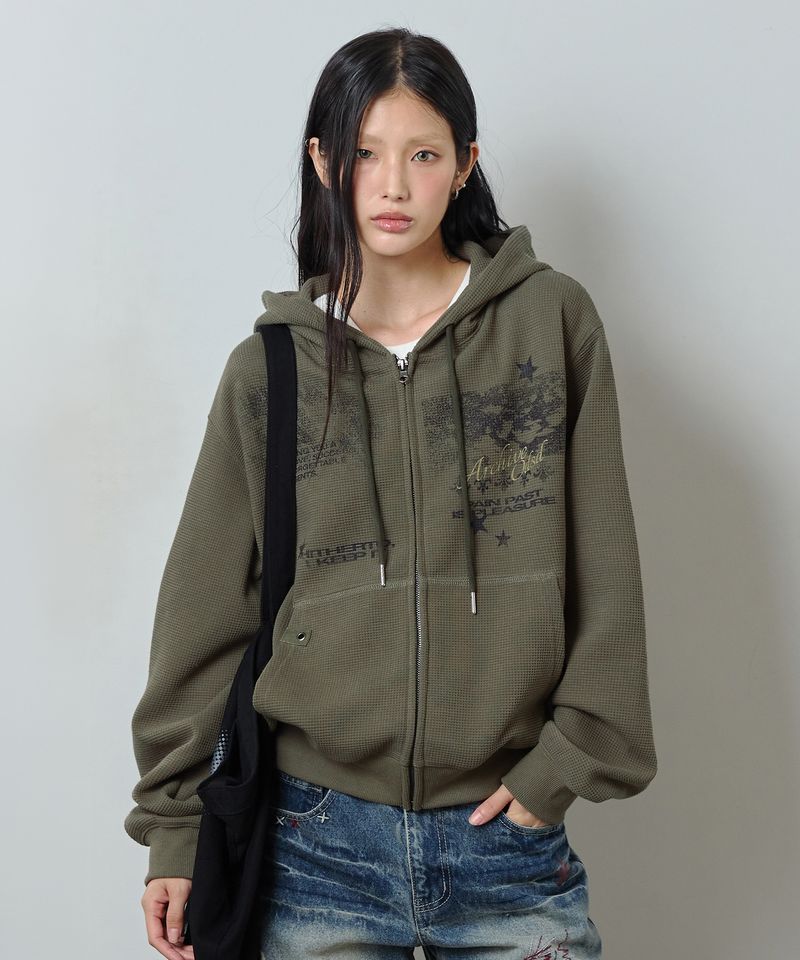 ODDSTUDIO（オッドスタジオ）の「Pain Past Graffiti Waffle Hoodie Zip-up - KHAKI（Tops）」