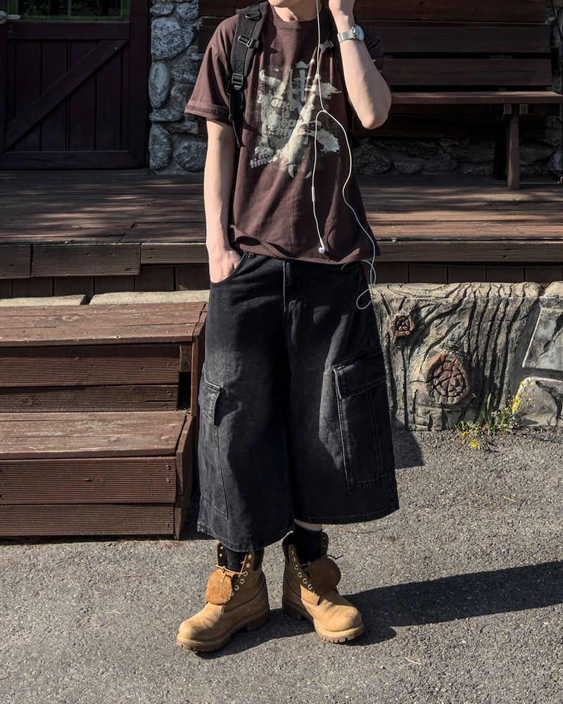 Kazen Washed Cargo Bermuda Denim Pants
