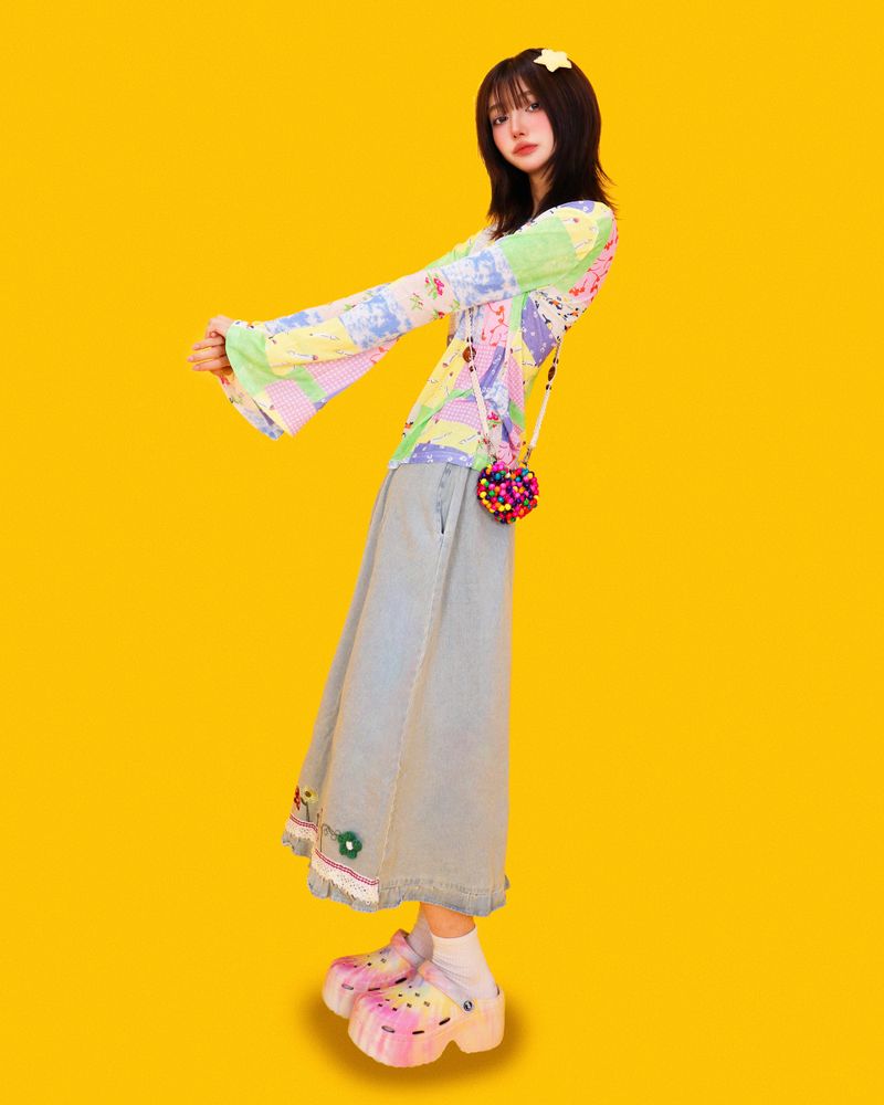 mushroom denim long skirt (2color)