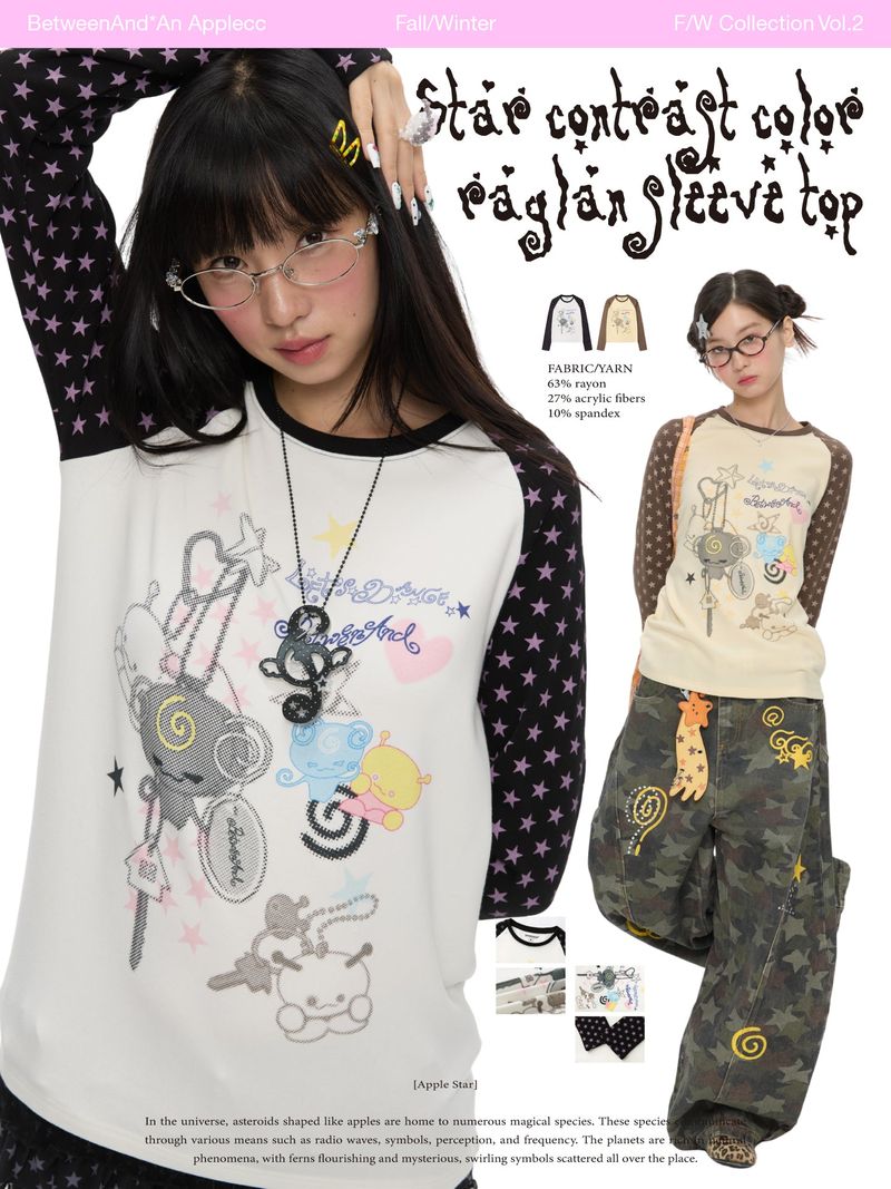 BETWEENAND（ビトゥウィーンアンド）の「BETWEENAND Autumn Star Color-Contrast Raglan-Sleeve Long-Sleeve T-Shirt for Women, New American Style Fit Top（Tops）」