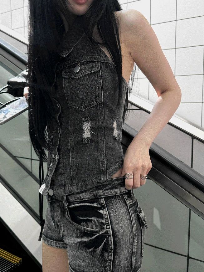 26SS★ [MADE] Corset Denim Halter Top