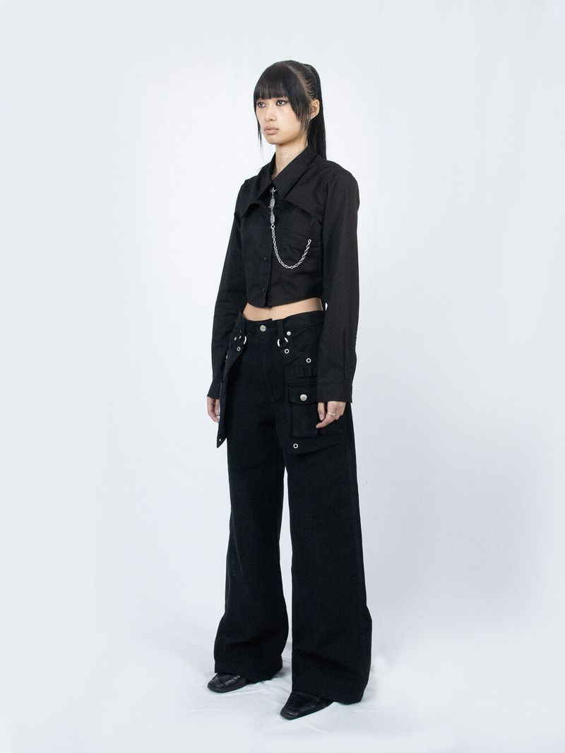 Crop Double Collar Shirts (Black)