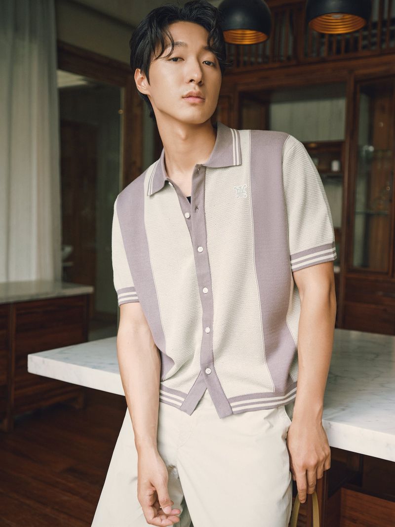 DVRK（ダーク）の「DVRK PRIVÉ STRIPED PATTERN POINTELLE KNITTED SHIRT - GREY（Tops）」