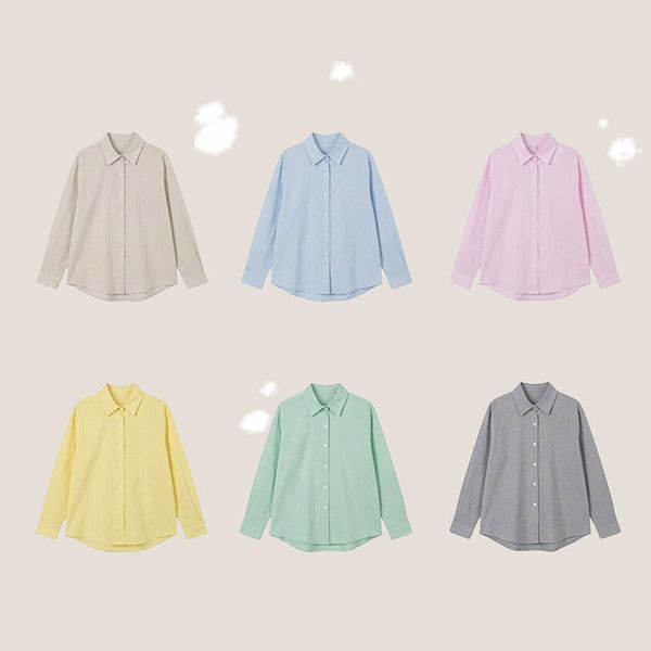 hijjoo（ハイチュー）の「パステル 💛 薄手ストライプルーズフィットサマーロゴ長袖シャツ (6 colors)（トップス）」