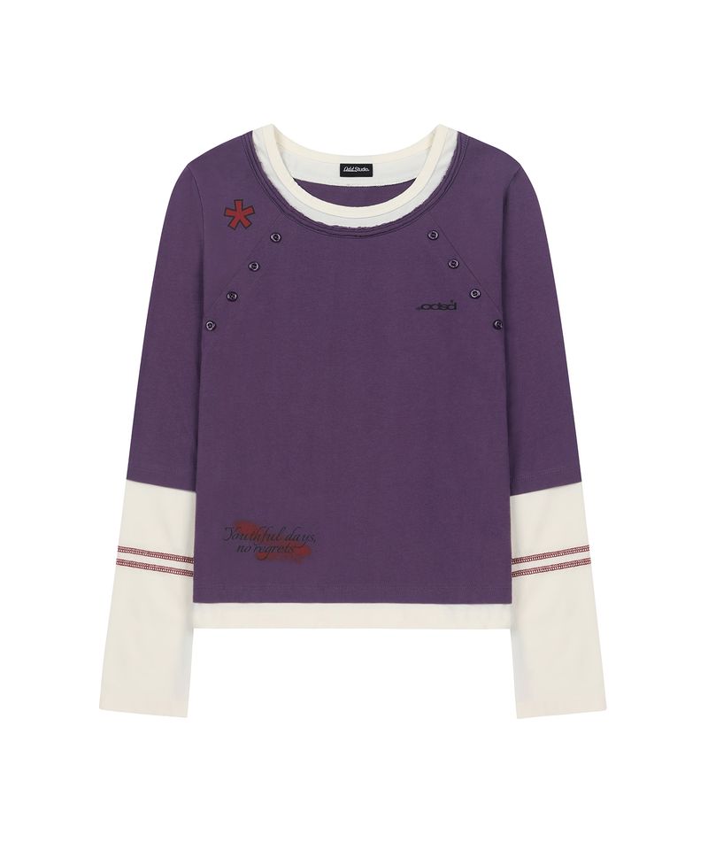 ODDSTUDIO（オッドスタジオ）の「Cutoff kitsch Graphic Layered Henley Neck Long Sleeve - PURPLE（Tops）」