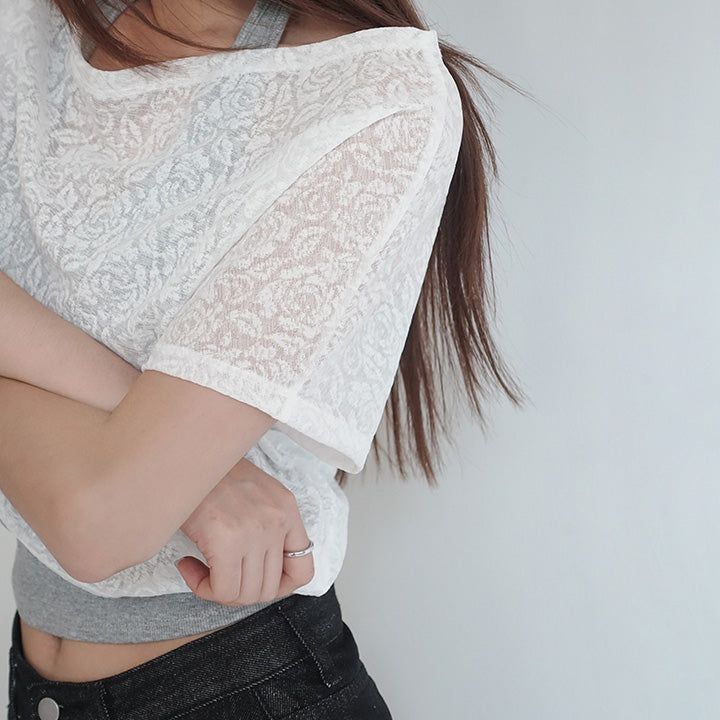 [Jace] Flower Lace See-Through One Shoulder Cropped Short-Sleeved T-Shirt - 3 colors