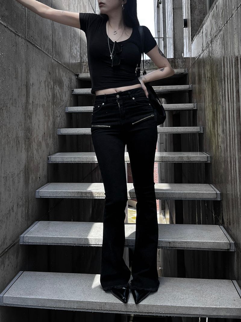 black zipper bootcut denim