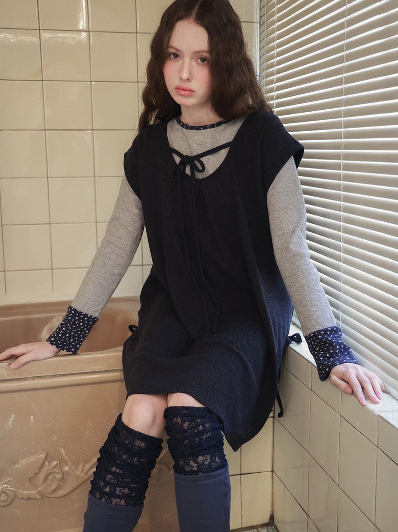 Pintuck waffle flare dress  / navy