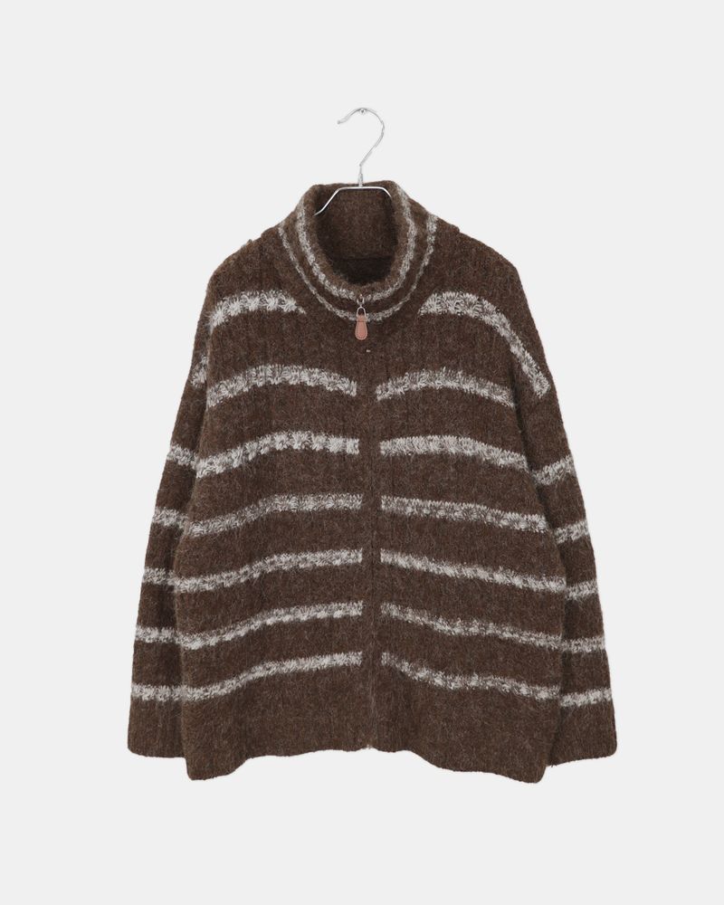 Boyu Striped Mohair Zip-Up Knit Cardigan