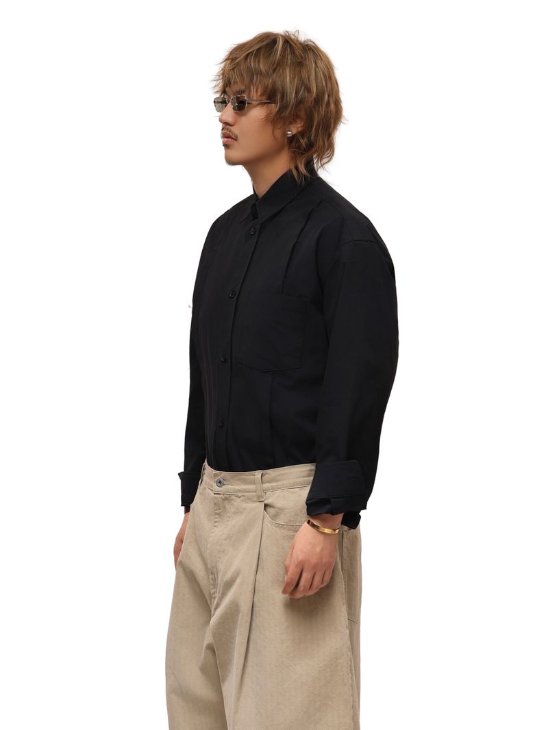 6CRAYON Patchwork Basic Black Cotton Poplin Embroidered Shirt