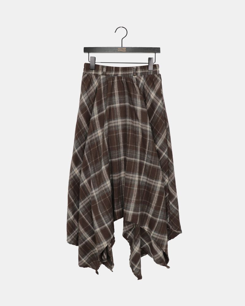 Looping Wool Asymmetric Long Check Layered Skirt