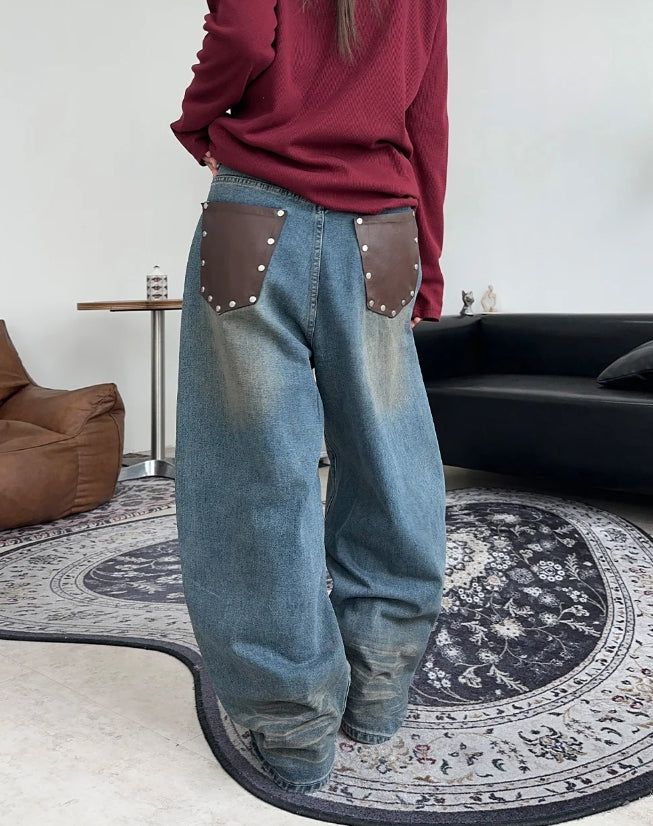 Elt leather pocket denim pants
