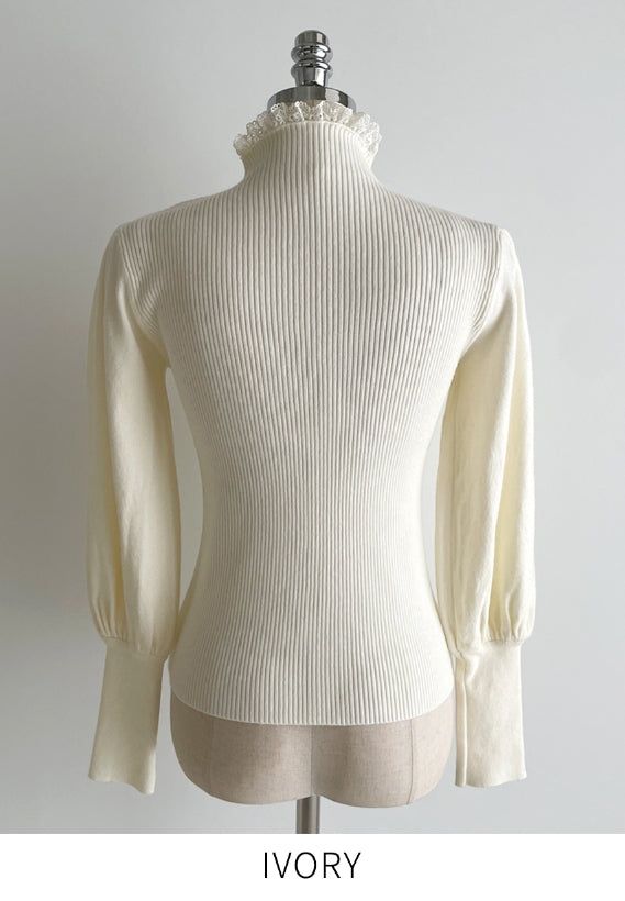 Levin Puff Pearl Button Frill Lace Turtleneck Knit