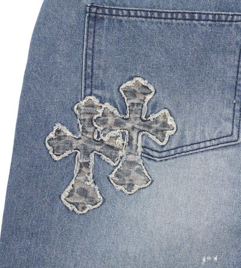 Leopard Cross Patch Roll-Up Denim Pants - Deep Blue