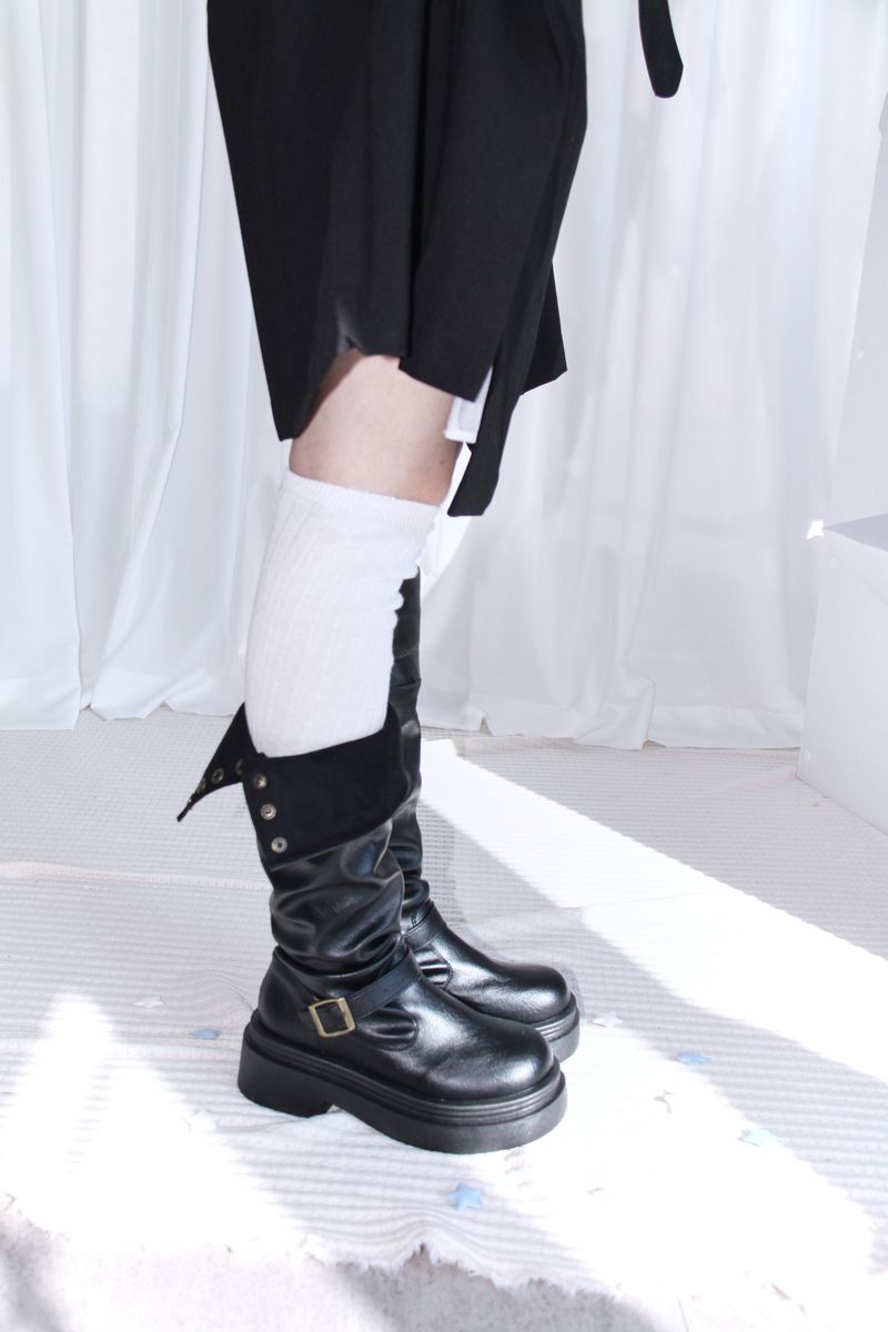 Buckle Leather Half Middle Boots