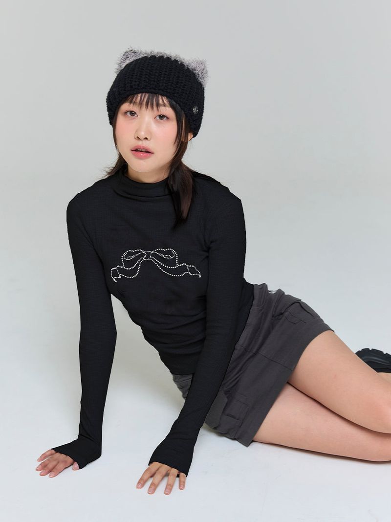 リボンキュービックタートルネックTシャツ - ブラック,ネイビー