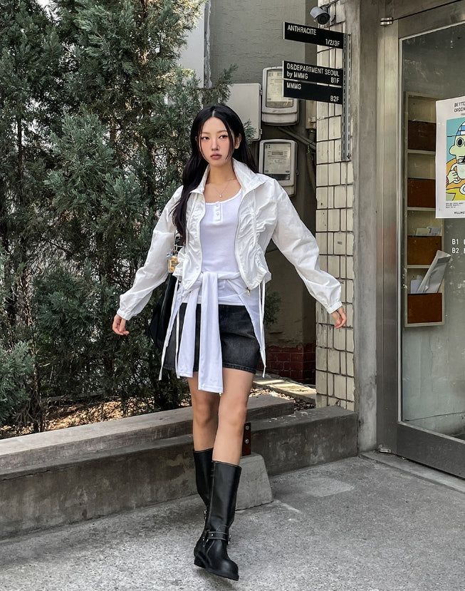 Sunlit strap shirring nylon zip-up jacket