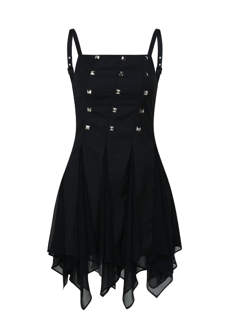  STUDDED GODET DRESS (BLACK)