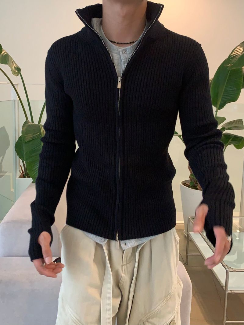 Rib Line Muscle Fit Zip-Up Knit