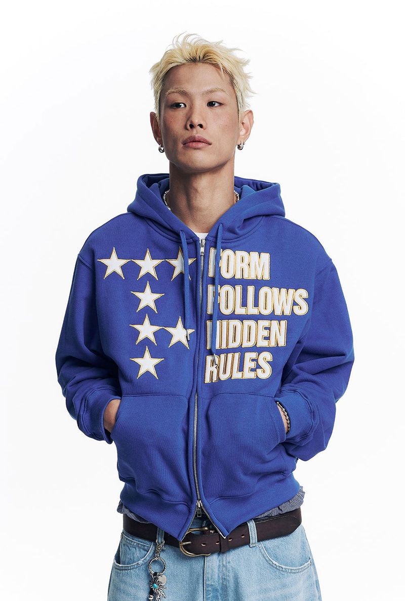 Star Lettering Patch Hoodie Zip-Up - Blue