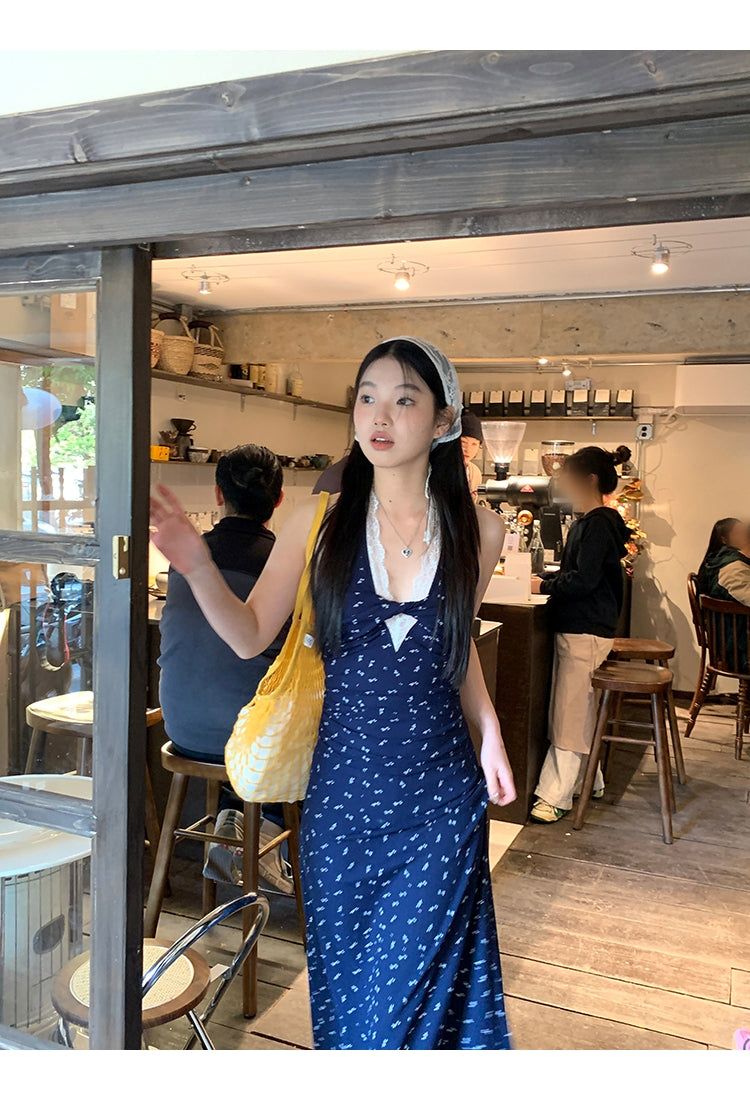 Navy Halterneck Flower Long Dress