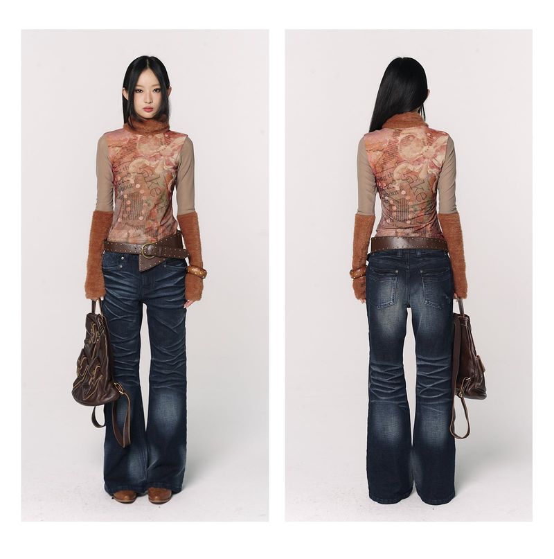 CONFUN original floral orange printed fur patchwork high-neck mesh base