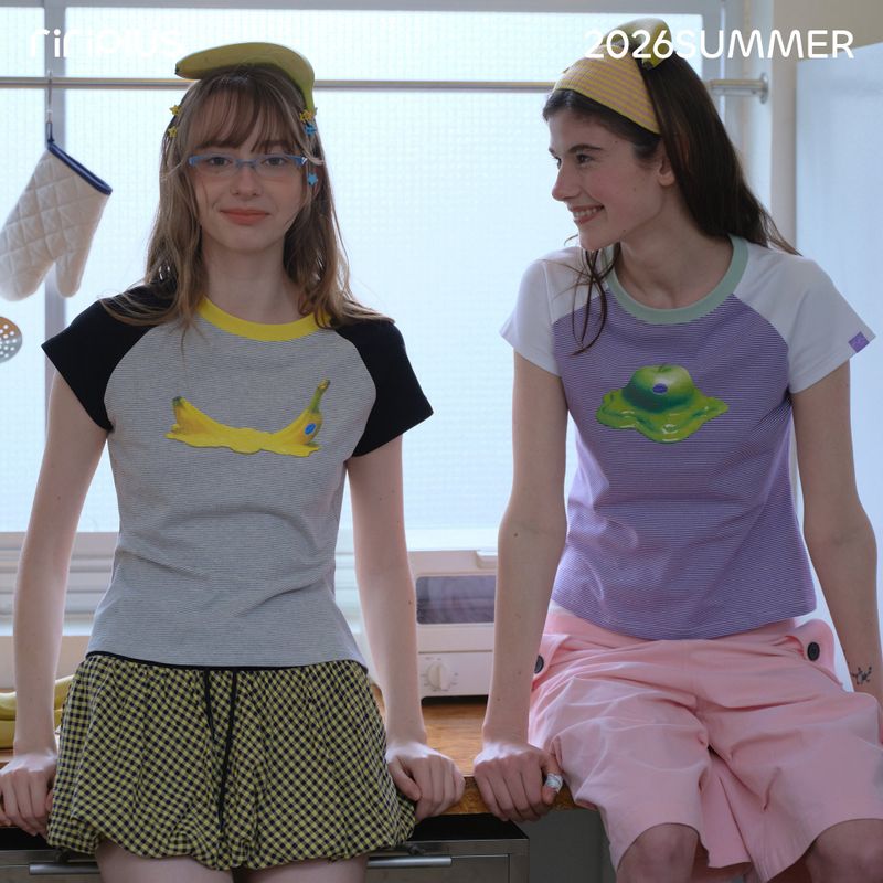 RIVERSTONE PLUS（リバー ストーン プラス）の「Riverstone Plus フルーツプリント ラグラン カラーブロック 半袖Tシャツ ストライプ スリムトップス（トップス）」