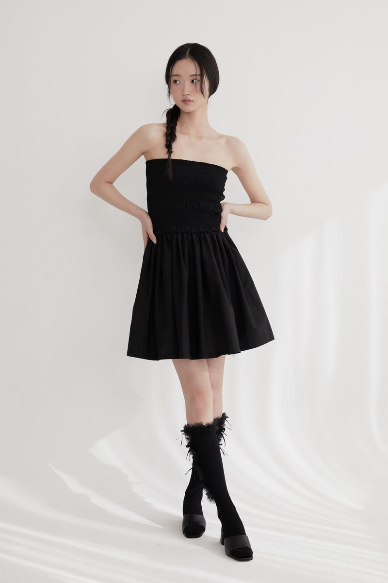 Chiffon smock shirring dress (BLACK)