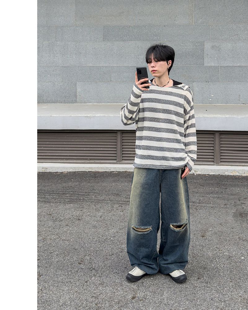 Lure shoulder snap stripe knit
