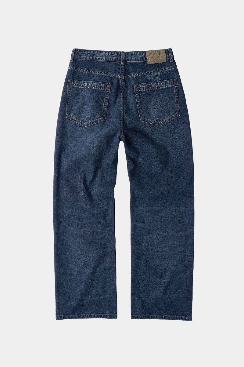 Loose Straight Biker Denim Pants (Washed Navy)