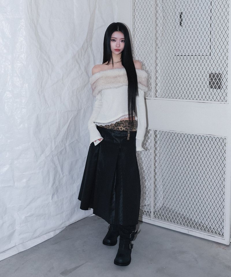 leopard long pleats wrap sk - black