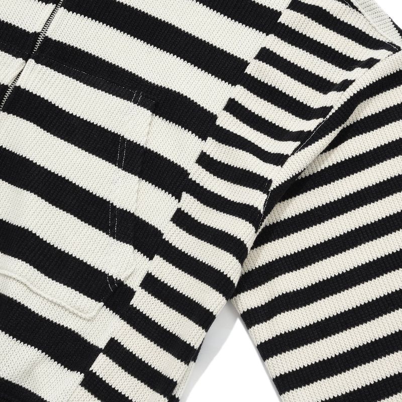 Striped knit hooded zip up / Ivory black