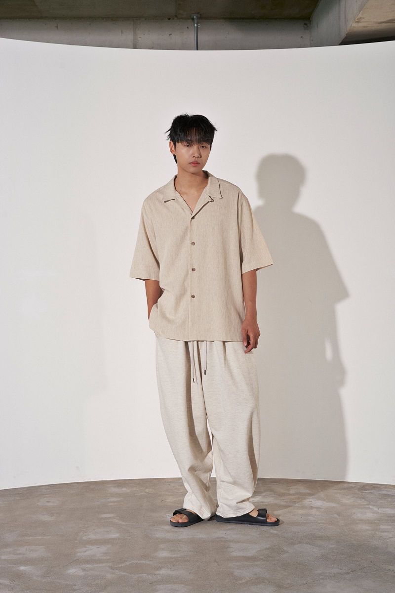HERRINGBONE LINEN TAILORED 1/2 SHIRT (Oatmeal)