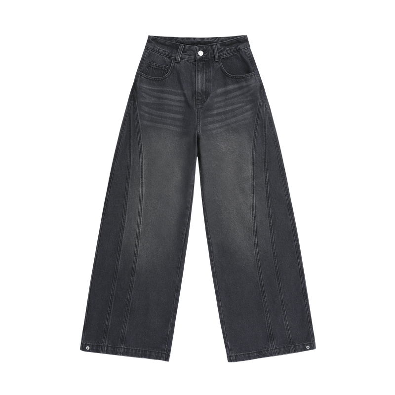 Curve Washed Snap Button Wide Denim Pants - 2COLOR