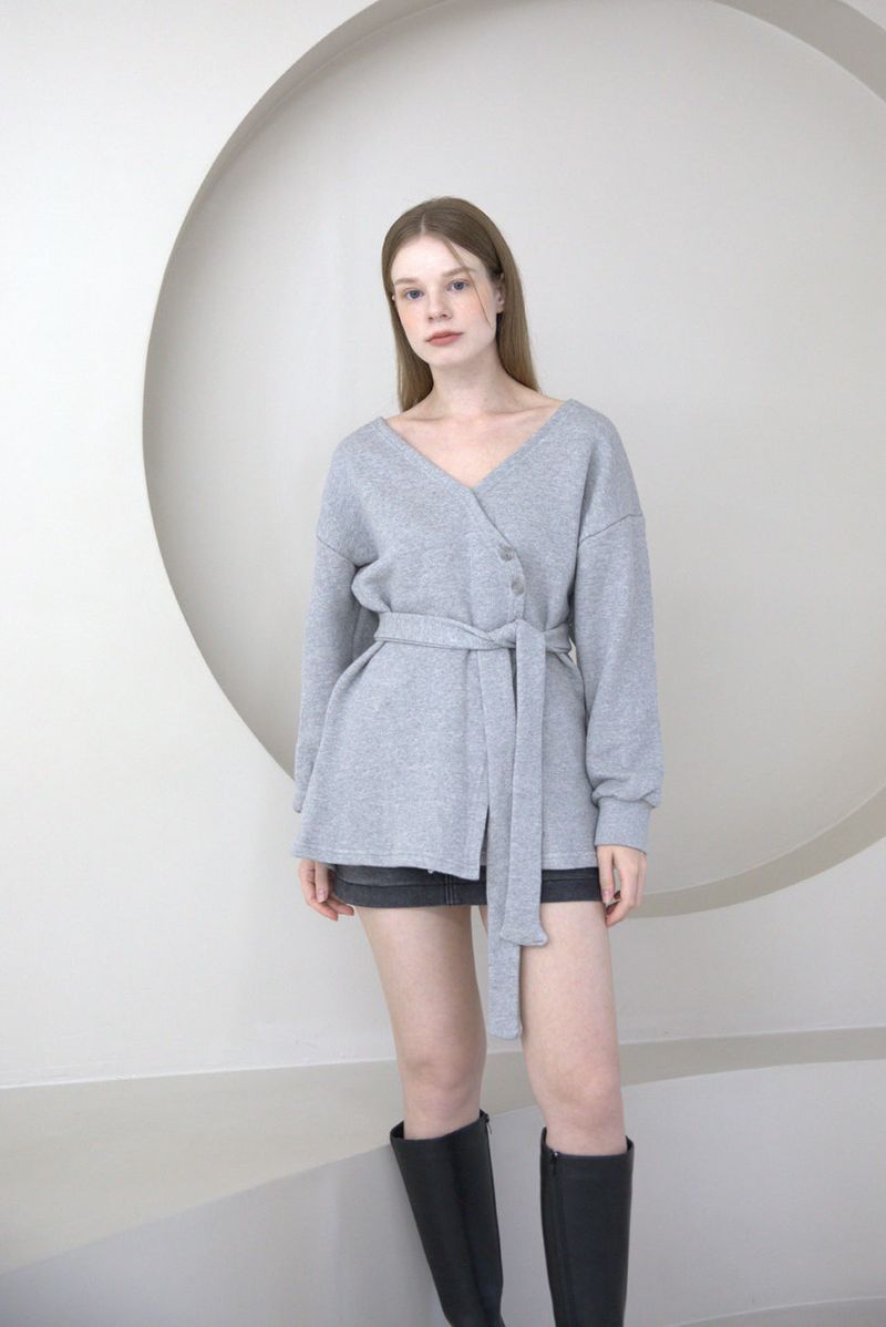 Offshoulder Wrap Strap Cardigan Gray
