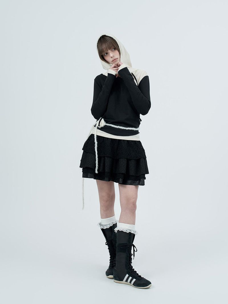 dot wrap layered hoodie / black