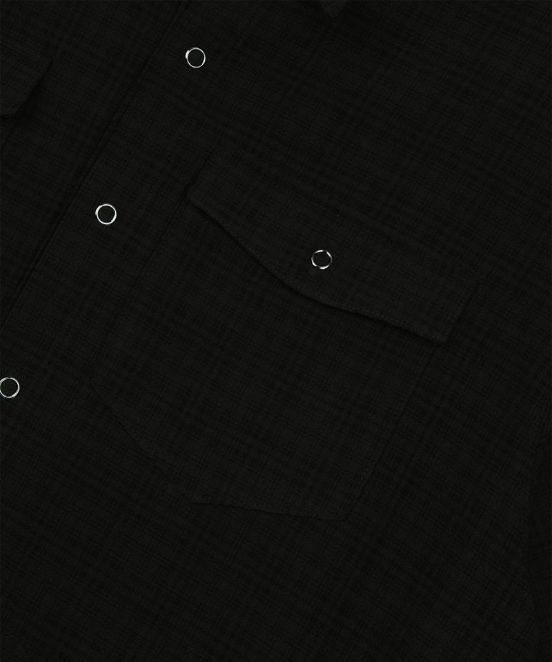 Texture Crop Roll-Up Check Short Sleeve Shirt - Black