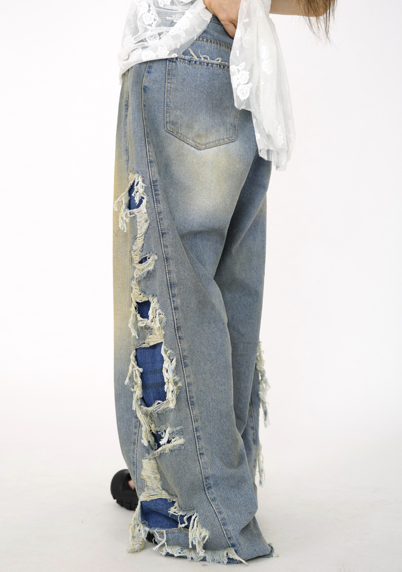 side dirty wide denim pants